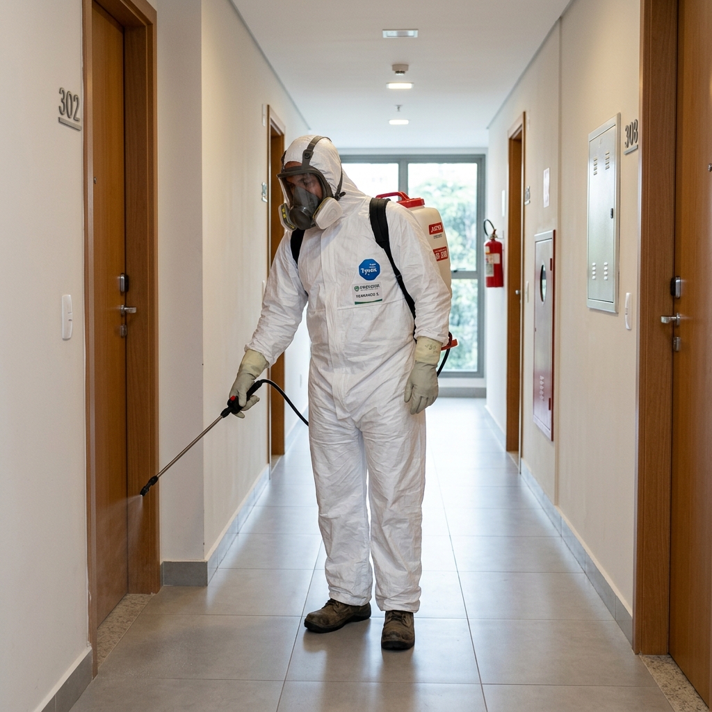 Técnico de desinsetização FAAB com EPI completo realizando controle de pragas em condomínio