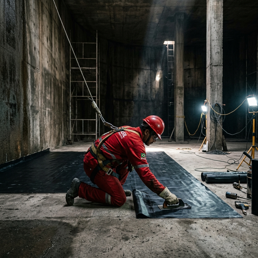 Aplicação de manta impermeabilizante em reservatório de concreto pela equipe FAAB